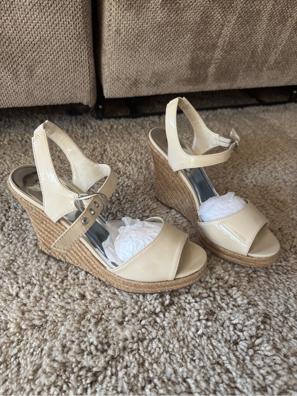 Charles By Charles David Cream Patent Wedge Sandals with Ankle Strap